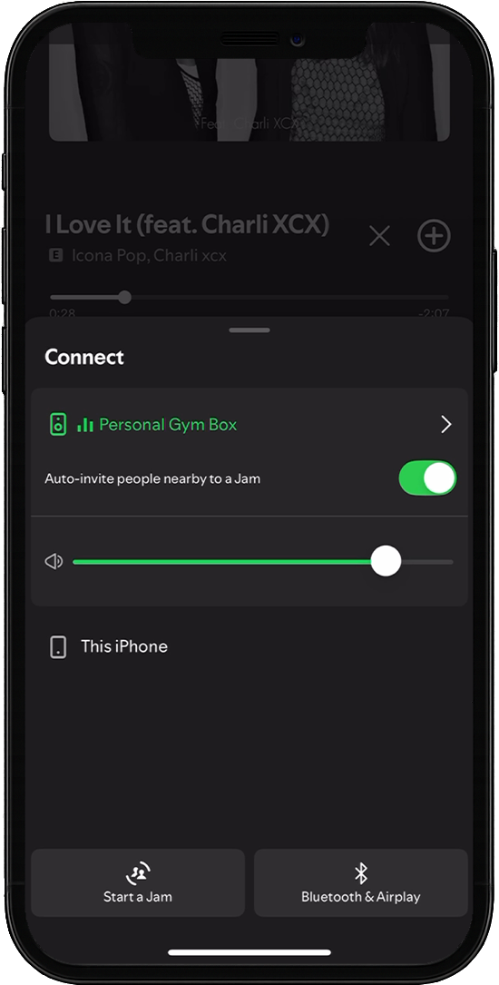 Aplikacja Spotify - odtwarzanie na głośnikach Personal Gym Box